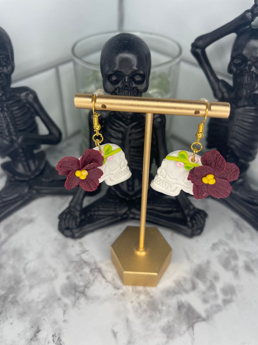 Skull Floral Earrings, Boho Earrings, Boho Clay Earrings, Tr...