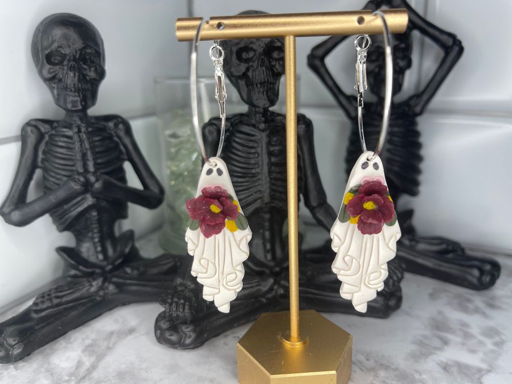 Floral Ghost Earrings, Flower Ghost Earrings, Floral Clay Ea...